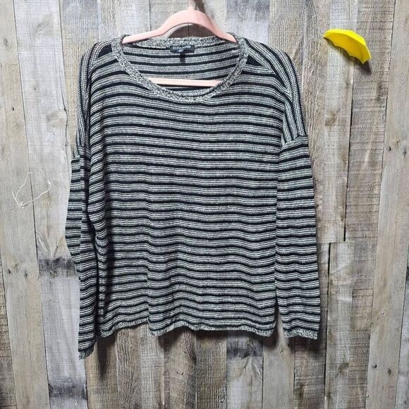 Eileen Fisher Grey and Black Stripe Linen Wool Blend Knit Sweater - Picture 1 of 4